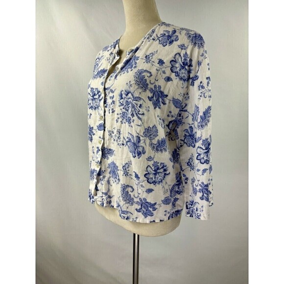 Aegean Linen Jacket Top White Blue Floral Small Breathable - Picture 1 of 9